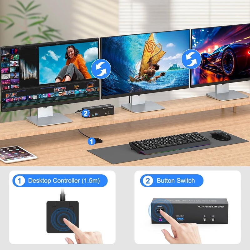 CCONG 4K KVM Switch 3 Monitors 2 Computers Triple Monitor Displayport and 2 HDMI USB 3.0 KVM Switches 4K@60Hz,Support Extended/Mirror Mode Share 3 USB 3.0 Ports with Desktop Controller, Adapter Included - Image 4